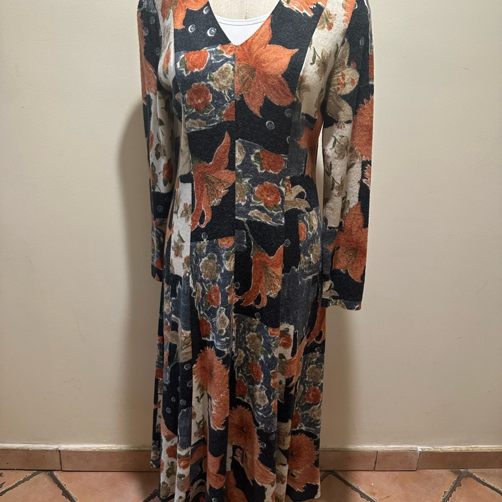 Giovanna Malaguti women’s dress floral Long Sleeve V-Neck  made Italy size 42